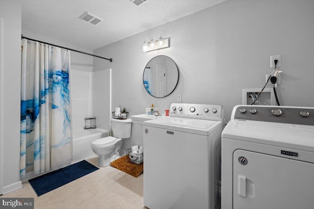 214 Salt Lick Rd, Front Royal, VA 22630 - bathroom with independent washer and dryer, shower / bathtub combination with curtain, a textured ceiling, vanity, and a chandelier