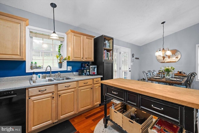 214 Salt Lick Rd, Front Royal, VA 22630 - kitchen with black dishwasher, light brown cabinets, a chandelier, butcher block counters, and dark wood-style floors
