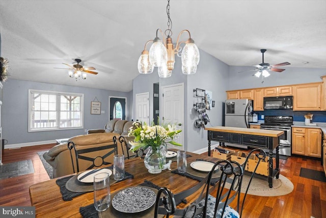 214 Salt Lick Rd, Front Royal, VA 22630 - dining space featuring ceiling fan, vaulted ceiling, dark wood-style flooring, and a chandelier
