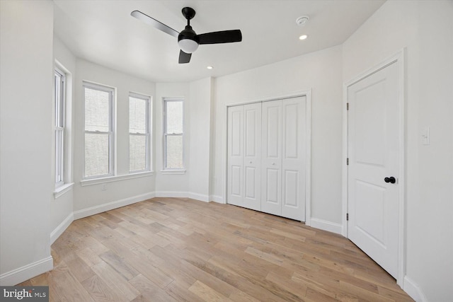 4063 Spring Garden St, Philadelphia, PA 19104 - unfurnished bedroom featuring light wood finished floors, ceiling fan, a closet, and recessed lighting