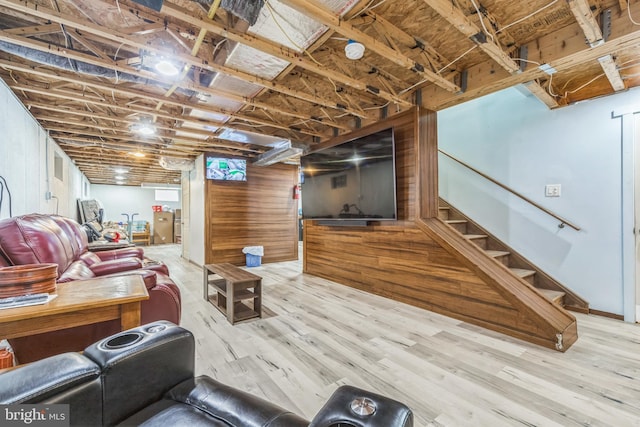 1622 Amosland Rd, Prospect Park, PA 19076 - living room featuring light wood finished floors, stairs, and wooden walls