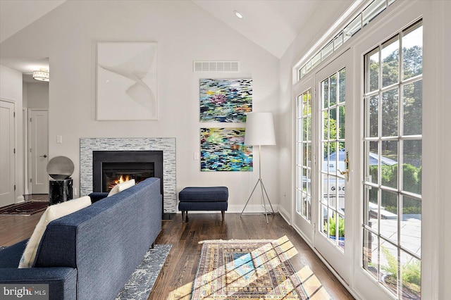 112 W Shore Dr, Milton, DE 19968 - living area with healthy amount of natural light, a glass covered fireplace, wood finished floors, and high vaulted ceiling