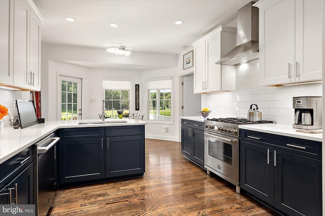 112 W Shore Dr, Milton, DE 19968 - kitchen featuring wall chimney exhaust hood, stainless steel appliances, a peninsula, light countertops, and white cabinets