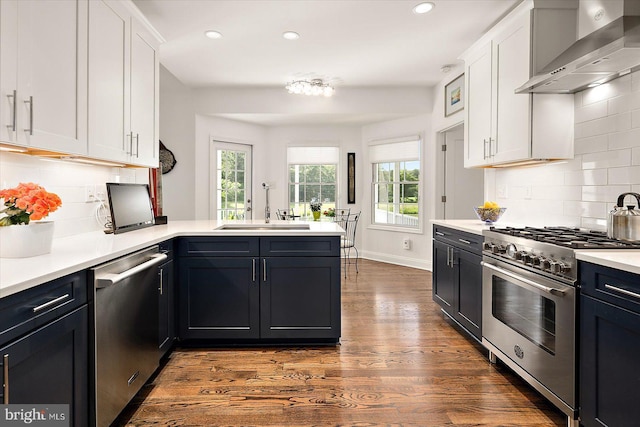 112 W Shore Dr, Milton, DE 19968 - kitchen featuring appliances with stainless steel finishes, wall chimney range hood, a peninsula, white cabinetry, and dark wood-type flooring