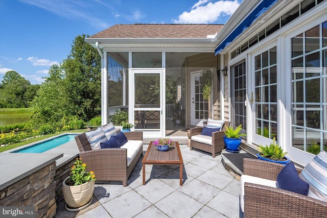 112 W Shore Dr, Milton, DE 19968 - view of patio / terrace featuring a sunroom, an outdoor pool, and an outdoor hangout area