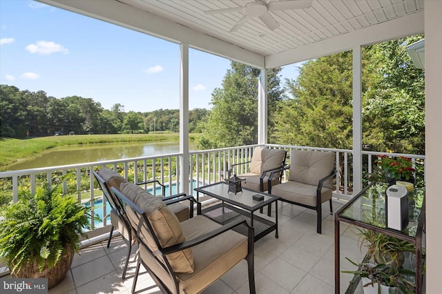 112 W Shore Dr, Milton, DE 19968 - sunroom / solarium with a water view, ceiling fan, and view of wooded area