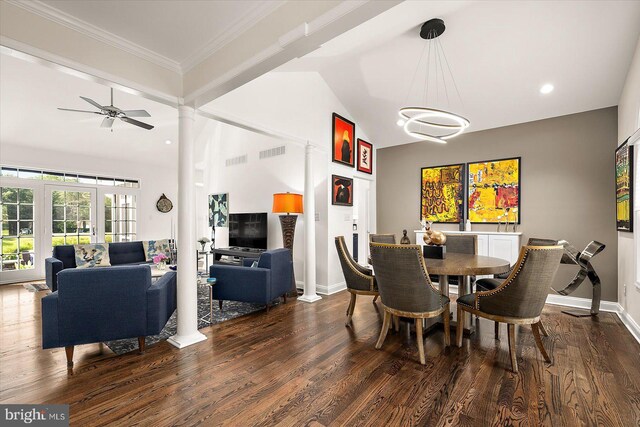 112 W Shore Dr, Milton, DE 19968 - dining space featuring dark wood-type flooring, ceiling fan, ornamental molding, recessed lighting, and high vaulted ceiling