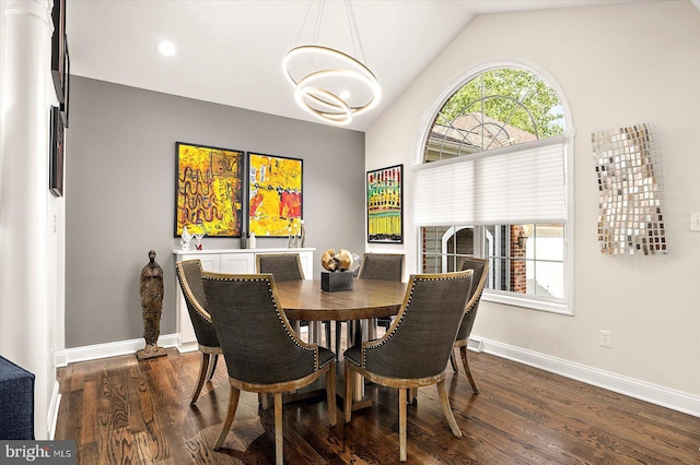 112 W Shore Dr, Milton, DE 19968 - dining room with lofted ceiling, dark wood-style flooring, and recessed lighting