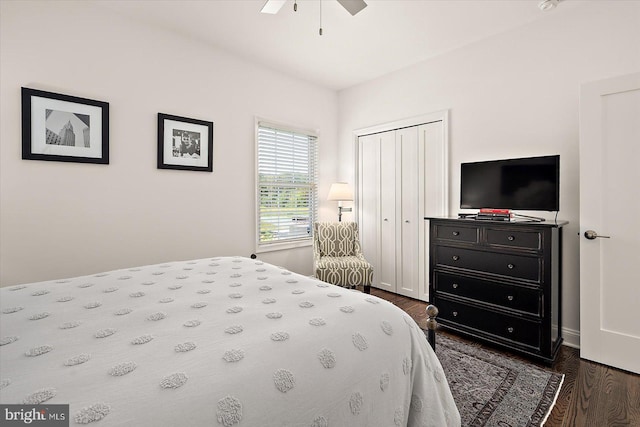 112 W Shore Dr, Milton, DE 19968 - bedroom with dark wood-type flooring, a closet, and a ceiling fan
