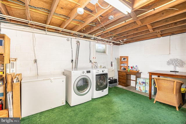 3508 Garrett Ct, Aberdeen, MD 21001 - washroom featuring washing machine and dryer, carpet flooring, and concrete block wall