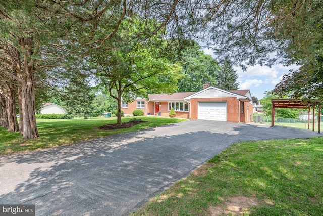 3508 Garrett Ct, Aberdeen, MD 21001 - ranch-style home with brick siding, an attached garage, a chimney, a front lawn, and driveway