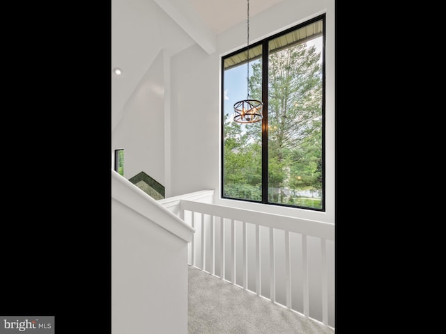 398 Lynetree Dr Unit 11-D, West Chester, PA 19380 - staircase with carpet, beamed ceiling, and a chandelier