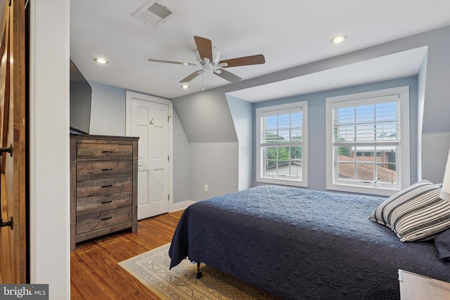 130 E State St, Media, PA 19063 - bedroom with wood finished floors, recessed lighting, lofted ceiling, and a ceiling fan