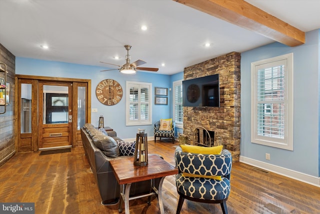 130 E State St, Media, PA 19063 - living room featuring wood finished floors, ceiling fan, beam ceiling, and recessed lighting
