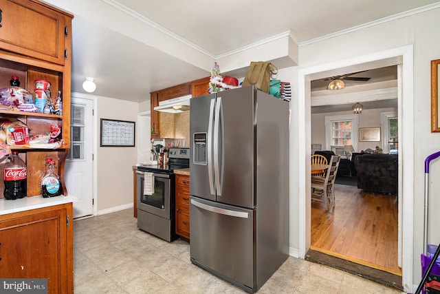 313 E Main St, Mechanicsburg, PA 17055 - kitchen featuring appliances with stainless steel finishes, under cabinet range hood, brown cabinetry, crown molding, and a ceiling fan