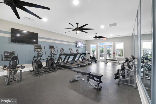 8109 Primrose Ln, Laurel, MD 20723 - exercise room with ceiling fan, french doors, and recessed lighting