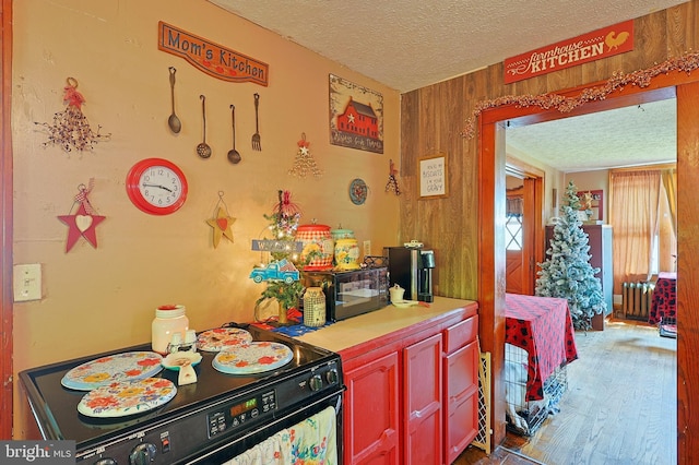 439 Columbia St, Cumberland, MD 21502 - kitchen featuring a textured ceiling, wood finished floors, radiator, wooden walls, and light countertops