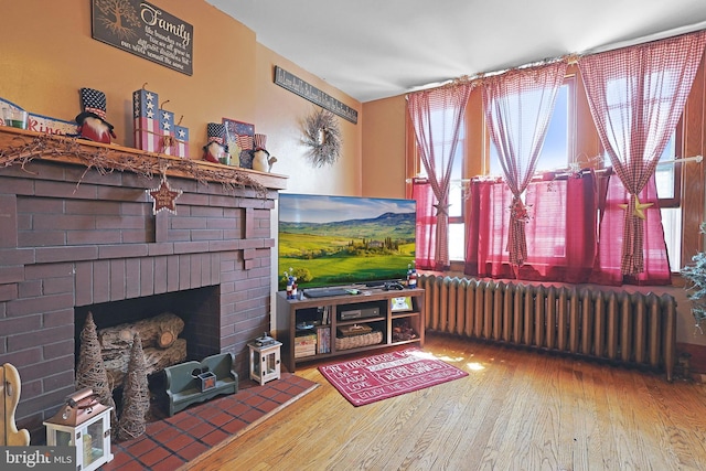439 Columbia St, Cumberland, MD 21502 - living room with radiator heating unit, hardwood / wood-style floors, and a fireplace