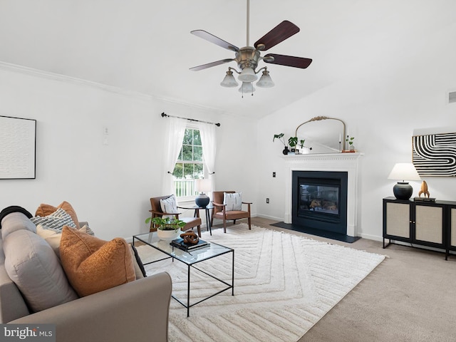 207 Drawyers Dr, Middletown, DE 19709 - living room with ceiling fan, a fireplace with flush hearth, carpet flooring, and crown molding