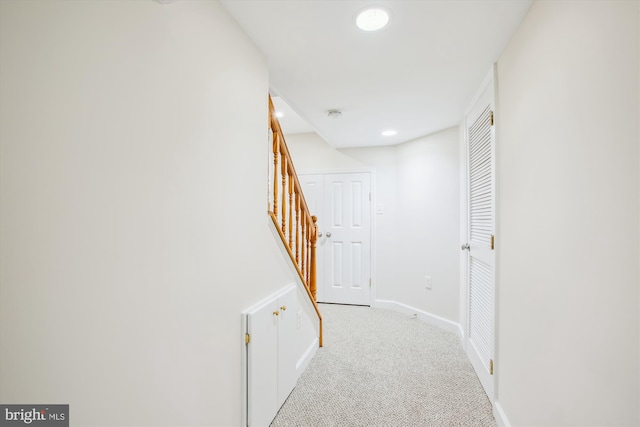 5909 Frederick St, Springfield, VA 22150 - hall featuring light colored carpet, stairway, and recessed lighting