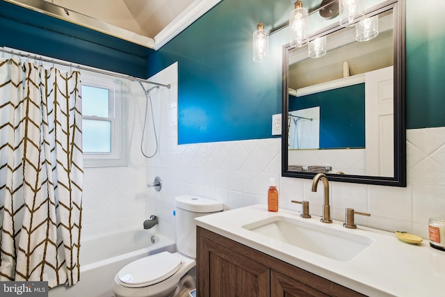 14 Nicholson Dr, Pasadena, MD 21122 - full bathroom featuring tile walls, shower / tub combo, vanity, and backsplash