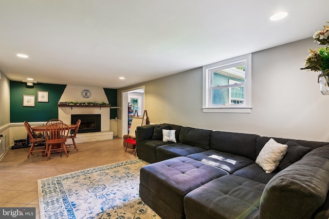 14 Nicholson Dr, Pasadena, MD 21122 - living room with light tile patterned floors, recessed lighting, and a large fireplace