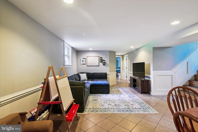14 Nicholson Dr, Pasadena, MD 21122 - living area featuring light tile patterned flooring, a wainscoted wall, stairway, and recessed lighting
