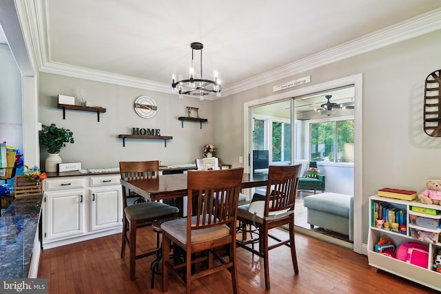 14 Nicholson Dr, Pasadena, MD 21122 - dining area with a chandelier, ornamental molding, and dark wood-style floors