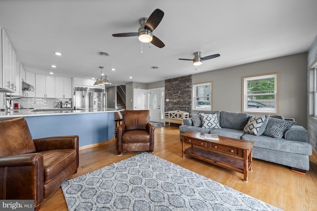 1 Risner Ave, Penns Grove, NJ 08069 - living room featuring a ceiling fan, light wood-style floors, stairway, and recessed lighting