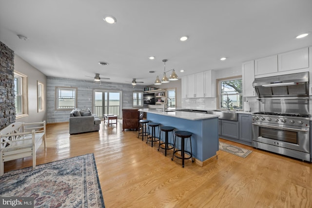 1 Risner Ave, Penns Grove, NJ 08069 - kitchen with under cabinet range hood, high end range, open floor plan, light wood-style floors, and a kitchen bar
