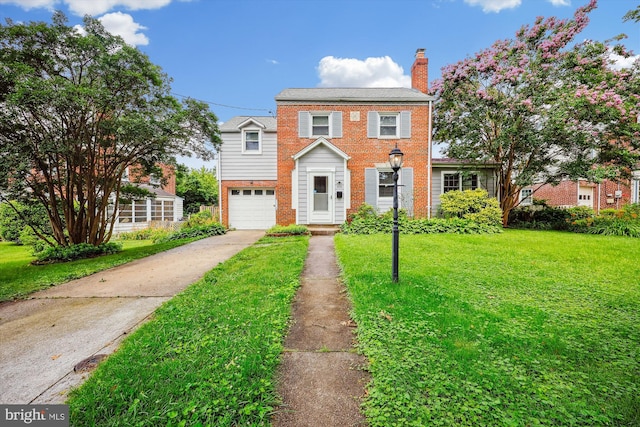 2013 Dayton St, Silver Spring, MD 20902 - view of front of home with driveway, brick siding, an attached garage, a front lawn, and a chimney