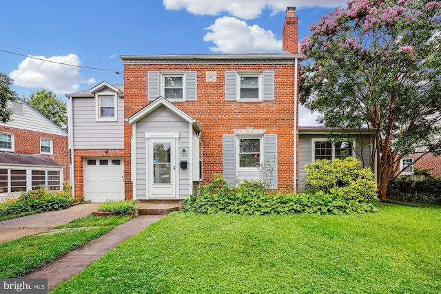 2013 Dayton St, Silver Spring, MD 20902 - view of front of home with concrete driveway, brick siding, a chimney, a front yard, and a garage