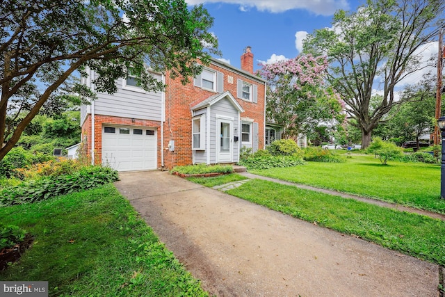 2013 Dayton St, Silver Spring, MD 20902 - view of front of property with concrete driveway, a front yard, a garage, brick siding, and a chimney