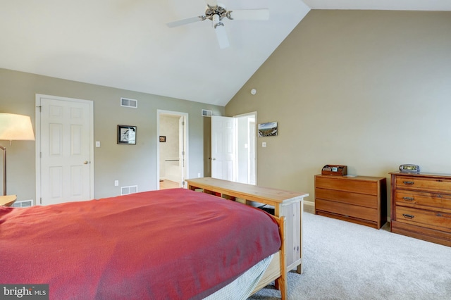2912 Weaver Rd, Lancaster, PA 17601 - carpeted bedroom with high vaulted ceiling, connected bathroom, and a ceiling fan