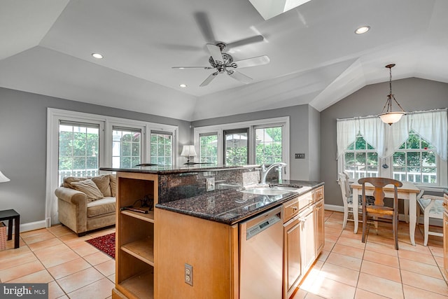 2413 Taylor Ave, Alexandria, VA 22302 - kitchen with stainless steel dishwasher, lofted ceiling, open shelves, healthy amount of natural light, and light tile patterned flooring