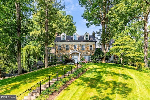 3666 Military Rd, Arlington, VA 22207 - view of front facade featuring a chimney, stairs, a front lawn, and stone siding