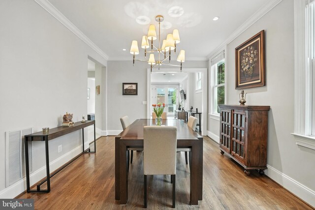 3831 Fulton St NW, Washington, DC 20007 - dining area featuring a chandelier, ornamental molding, wood finished floors, and recessed lighting