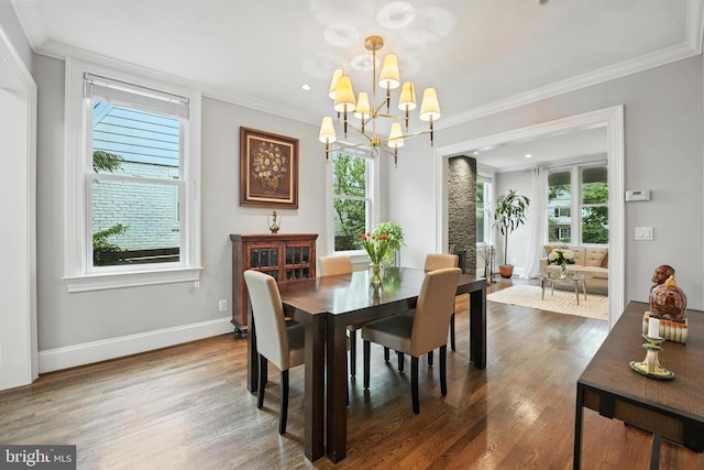 3831 Fulton St NW, Washington, DC 20007 - dining space with a chandelier, healthy amount of natural light, wood finished floors, crown molding, and recessed lighting