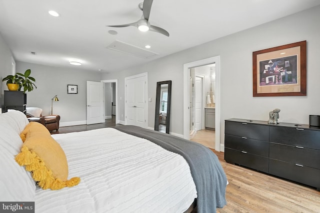3831 Fulton St NW, Washington, DC 20007 - bedroom featuring light wood-style flooring, connected bathroom, attic access, recessed lighting, and ceiling fan