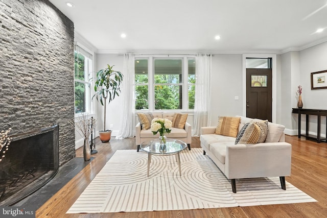 3831 Fulton St NW, Washington, DC 20007 - living area featuring ornamental molding, wood finished floors, a fireplace, and recessed lighting