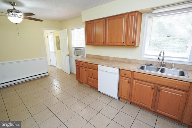 120 Ridgefield Ln, Fruitland, MD 21826 - kitchen featuring dishwasher, a ceiling fan, light countertops, light tile patterned floors, and a textured ceiling