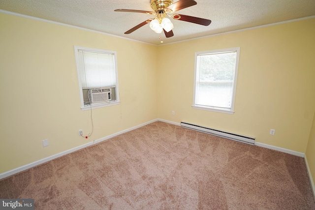 120 Ridgefield Ln, Fruitland, MD 21826 - unfurnished room featuring baseboard heating, crown molding, carpet floors, a ceiling fan, and a textured ceiling