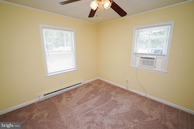 120 Ridgefield Ln, Fruitland, MD 21826 - spare room featuring a baseboard radiator, carpet floors, healthy amount of natural light, a ceiling fan, and ornamental molding