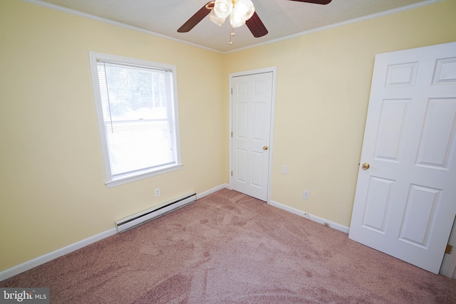 120 Ridgefield Ln, Fruitland, MD 21826 - unfurnished bedroom with a baseboard radiator, carpet, ornamental molding, and ceiling fan