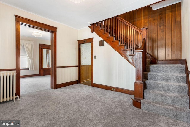 31 4th St, Hanover, PA 17331 - staircase featuring radiator, carpet, wooden walls, and crown molding