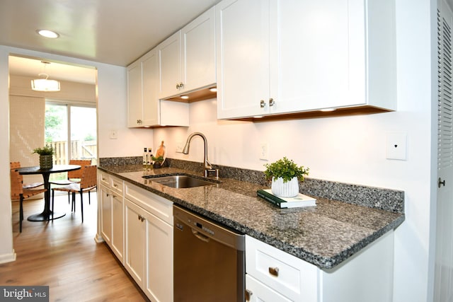 9835 Saint Cloud Ct, Fairfax, VA 22031 - kitchen featuring dishwasher, white cabinetry, light wood-style flooring, dark stone countertops, and recessed lighting