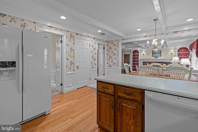 96 Karen Rd, Holland, PA 18966 - kitchen with white appliances, wallpapered walls, a wainscoted wall, light wood-style flooring, and recessed lighting