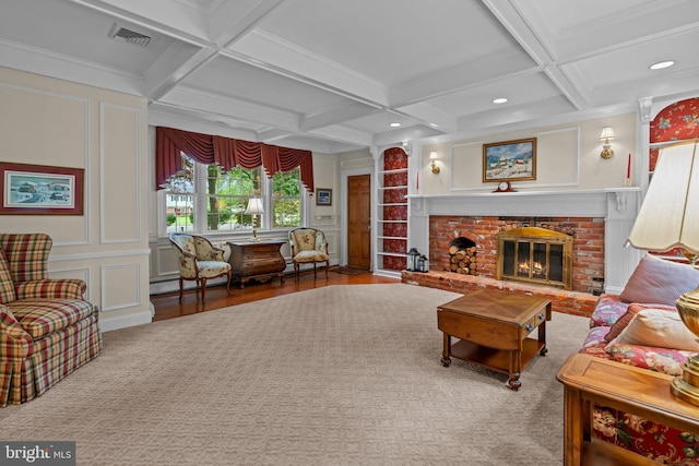 96 Karen Rd, Holland, PA 18966 - living room featuring coffered ceiling, a brick fireplace, a decorative wall, and wood finished floors