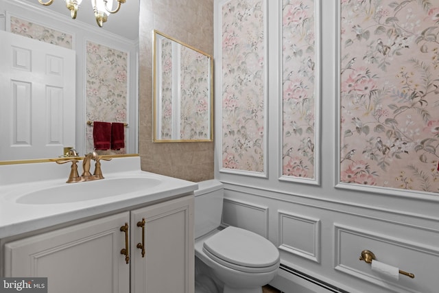 96 Karen Rd, Holland, PA 18966 - bathroom with vanity, a baseboard radiator, a chandelier, and ornamental molding