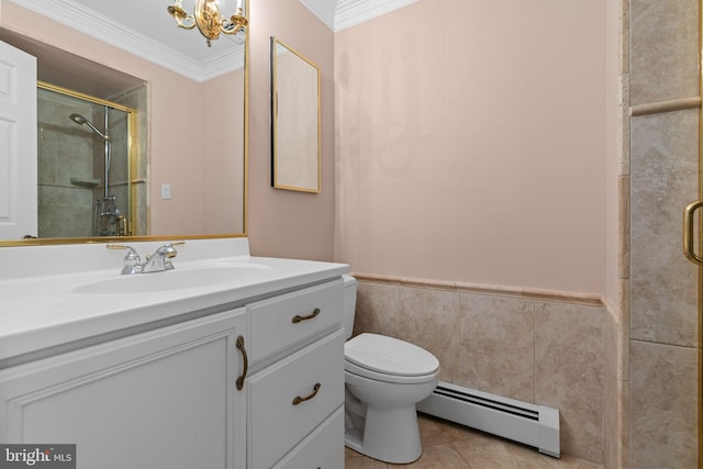 96 Karen Rd, Holland, PA 18966 - bathroom featuring a baseboard heating unit, ornamental molding, a shower stall, tile walls, and vanity